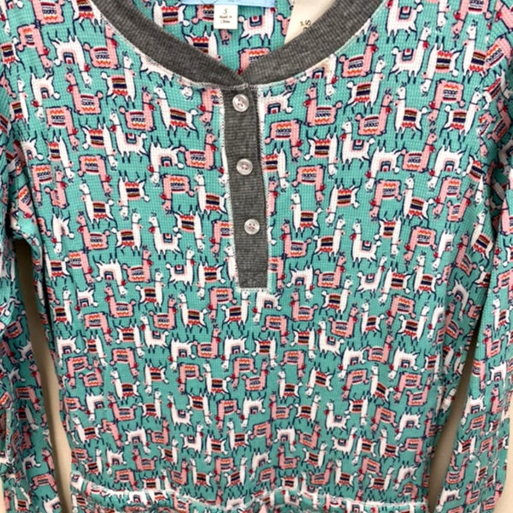 NWT Dina Be Francescas S Thermal Llama One Piece Pajamas Mint Pink Waffle Weave - Picture 3 of 7